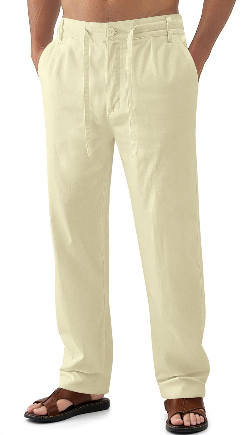 Janmid Men Casual Beach Trousers Linen Summer Pants Beige XL - Image 1